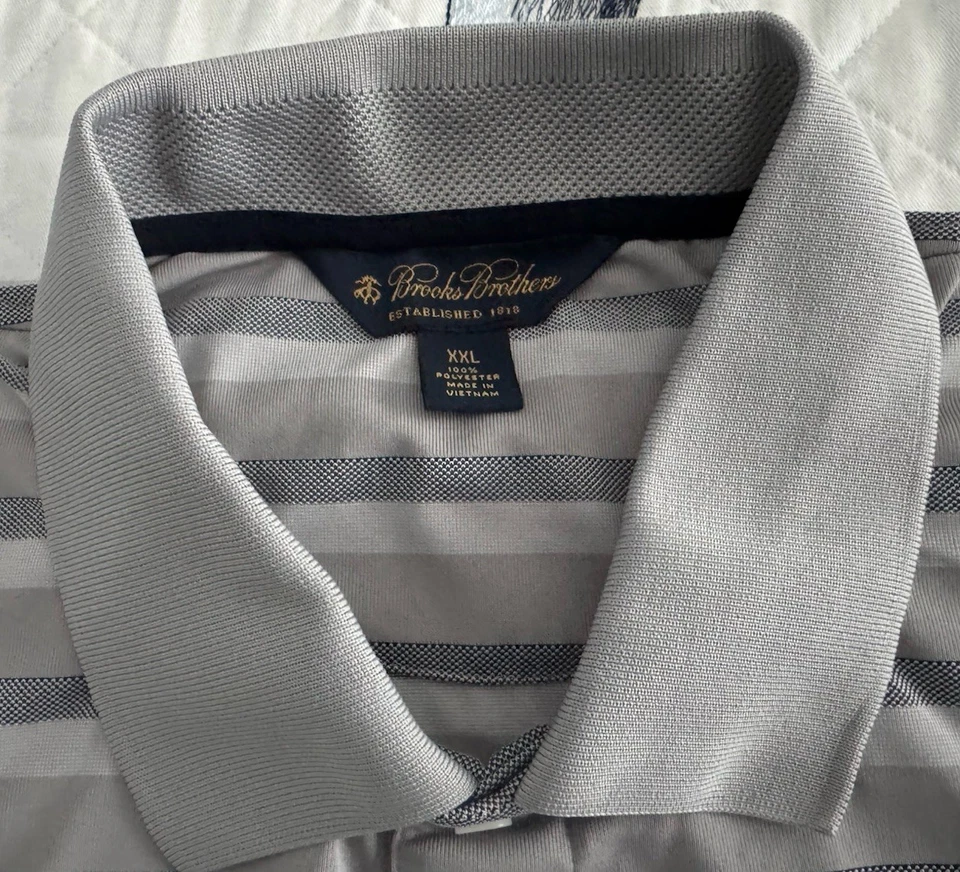 BROOKS BROTHERS 男式 SS 灰色蓝色条纹涤纶高尔夫 Polo 衫 XXL — 第 3/4 张图片