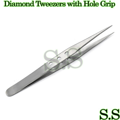 Diamond Tweezers with Hole Grip Gemstone 12.5cm Fine Tip Stainless Steel