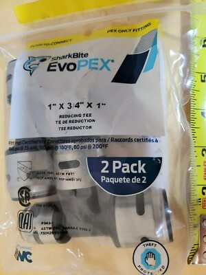2-Pack) 1'' x 3/4'' x 1'' SharkBite Reducing Tees Push-Fit PEX CPVC  K418WP2 EvoPEX