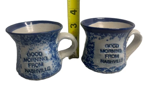 Handmade Art Pottery Mugs/Good Morning From Nashville 7oz.Cobalt-Natural Signed