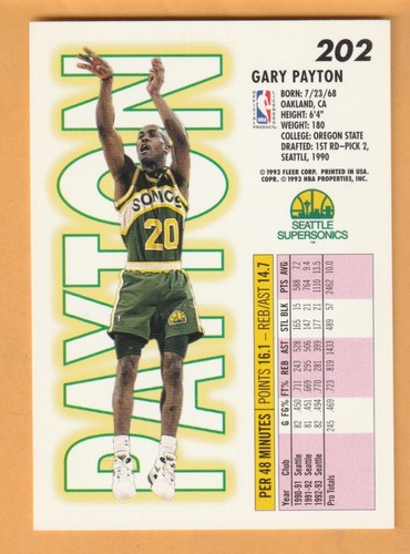 Gary Payton Seattle Supersonics 1993-94 Fleer #202 HOF Oregon State Beavers - Picture 2 of 2