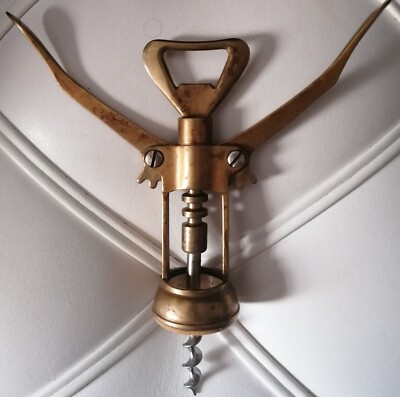 Brass Corkscrew Bottle Opener Marked ITALY Classic Style Design Winged Vintage 
