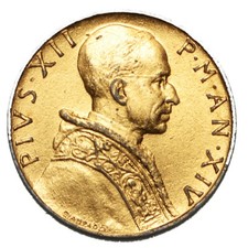 CITTA' DEL VATICANO PIO XII 5 Lire 1952 - Metallo dorato Gilt Doré Vergoldet