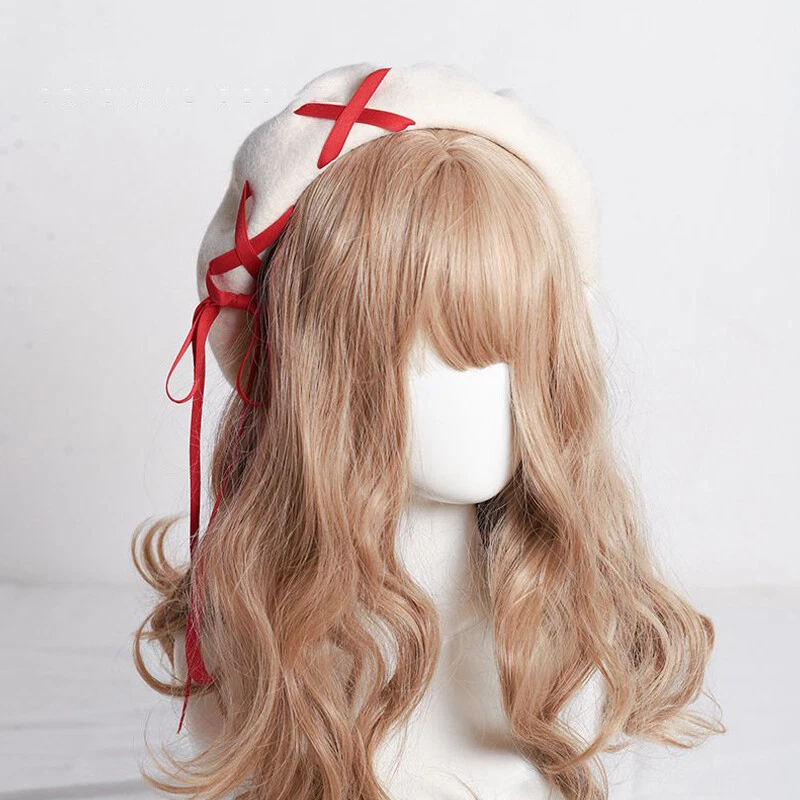Gorra de pintor Kawaii Lolita Niña Juegos con disfraces Boina Sombrero Mezcla de Lana Invierno Cálida Cinta Foto 4 de 4