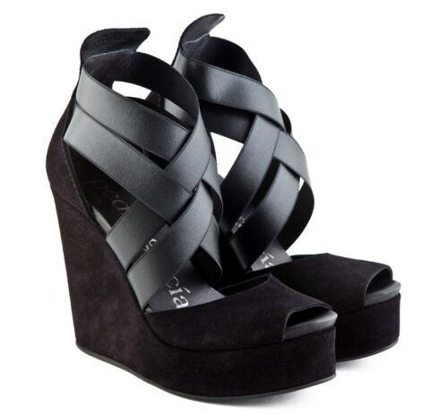 $495 Pedro Garcia Wedge Sandals Black Suede Stretch Alba Platform Shoes 37.5 - Picture 1 of 6
