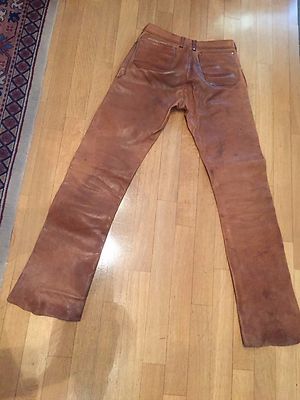 Pantalon En Cuir Vacchetta Naturelle Fait Main Années 70 - Taille 28/36 - Brun - Occasion Très Bon état