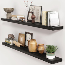 Black Floating Shelves 48 Inch, Solid Wood Wall Mounted Shelves Set of 2, Extra