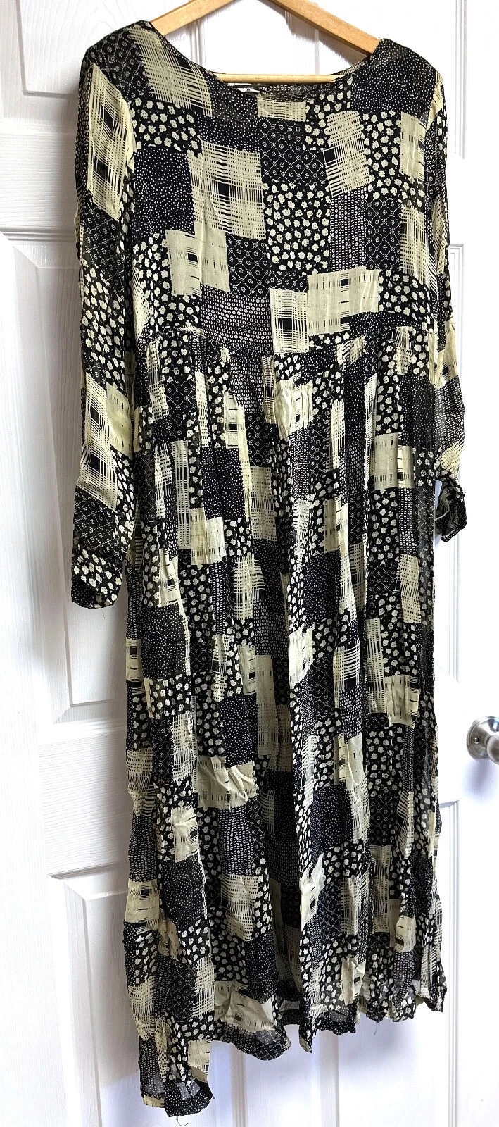 OFF WHITE Abito vintage anni 90 Santa Fe rayon garza stropicciato nero bianco sporco patchwork MEDIA