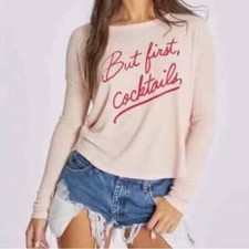 Wildfox "But First Cocktails" Women's Pink Statement Sweatshirt size XLarge