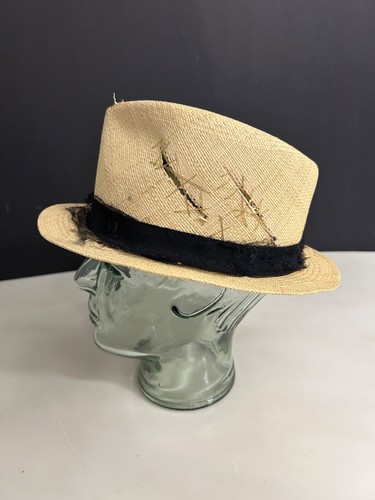 Maison Michel Paris Destroyed Straw Fedora Hat Beige Black Netting RARE - Picture 7 of 14