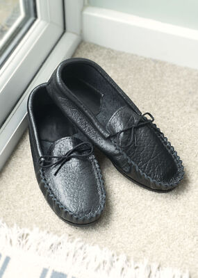 British Made Men's Black Leather Moccasin Shoe Slipper Hard PVC Sole Lace  Tie UK