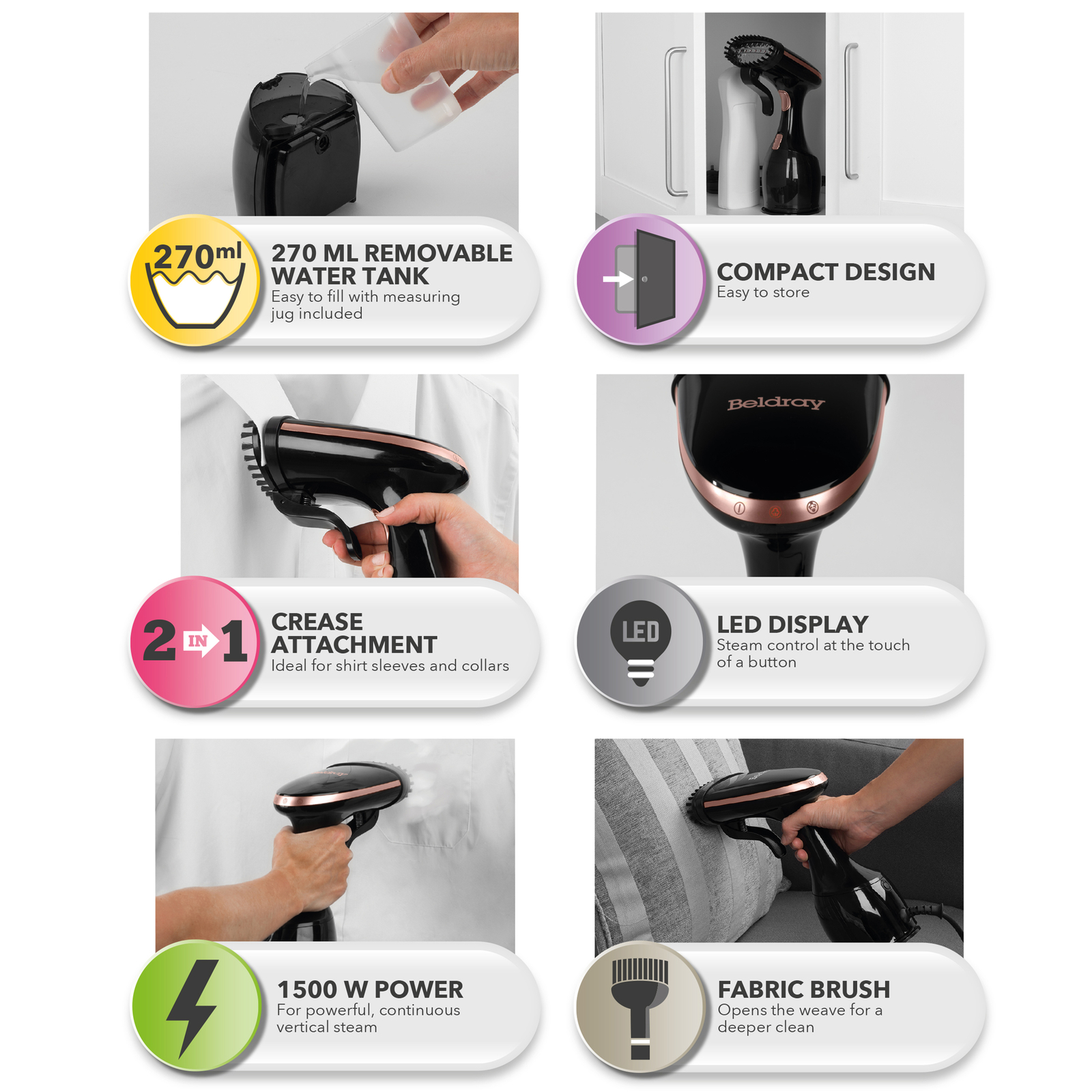 Beldray Handheld Garment Clothes Steamer Handi Steam Max Pro Black/Rose