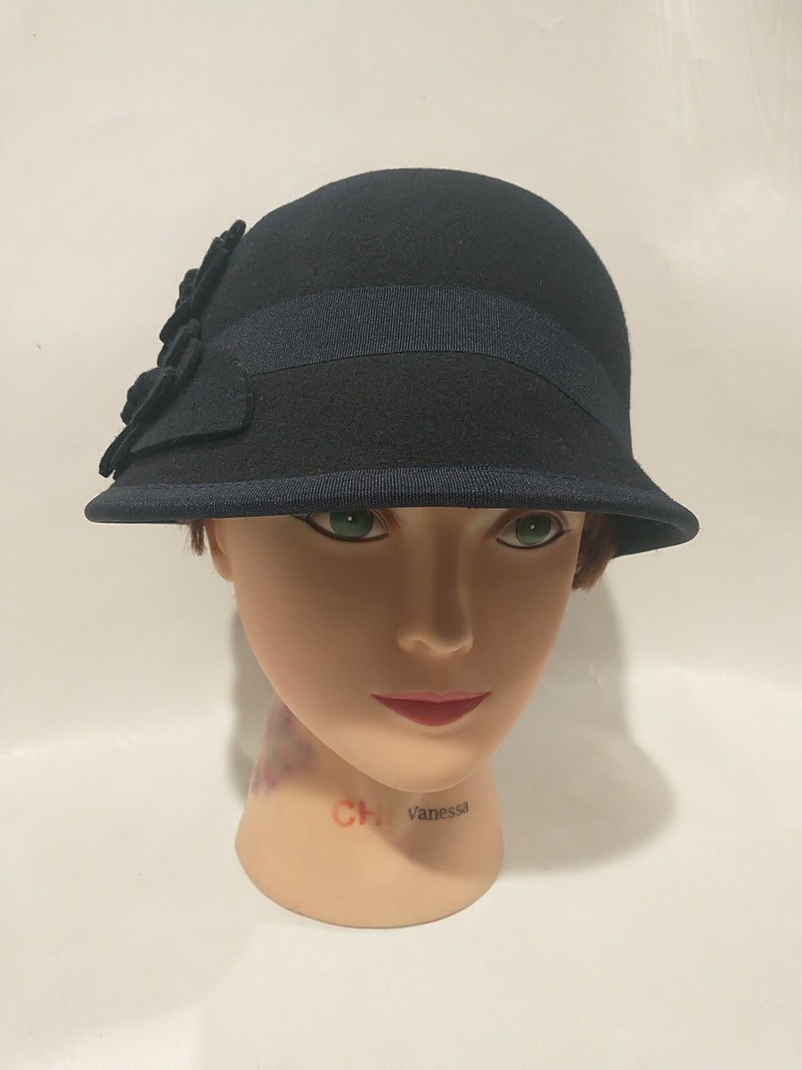 Nine West Womens Cloche Hat 100% Wool Flower Details Navy Blue One