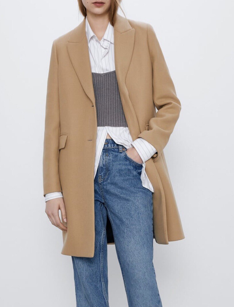 Zara Women Manteco Menswear-Style Coat Taupe Brown 3057/244