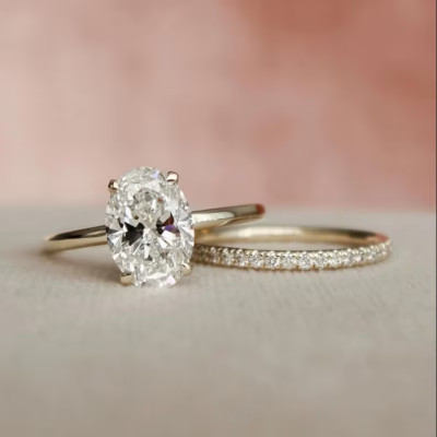 6 x 8 Oval Moissanite Hidden Halo Vintage Art Deco 2PCS Womens Bridal RIng Set