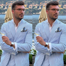 Blue Seersucker Men's Suits Summer Beach Casual Wedding Groom Prom Tuxedos 2 Pcs