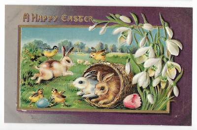 Antique Easter Postcard ~ Chicks, Rabbits, Flowers ~ Embossed, Gold Foil
