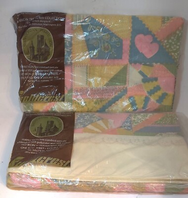 Vintage Fieldcrest Patchwork Double Full Bed Sheets Set Flat Fitted 1970s 