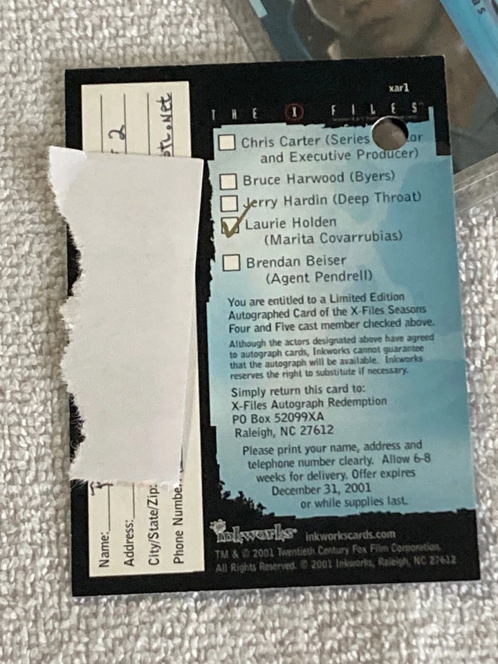 2001 Inkworks X-Files Seasons 4 & 5 Autograph Card Laurie Holden #a4 w/ Redemp - Image 4 of 4