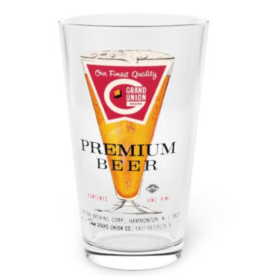 Grand Union Premium Beer Pint Glass, East Paterson Hammonton NJ ~Retro Label Art
