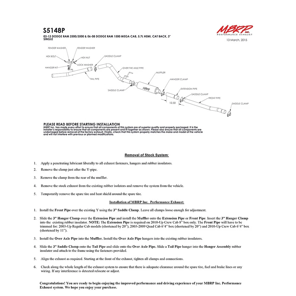 Выхлопная труба MBRP S5148P Armor Lite Steel Cat Back для 2010-2013 RAM 2500 3500 5.7 V8 - Изображение 2 из 3