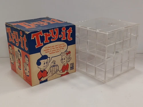 1960 TRY IT MArble PUZZLE CUBE GAME Vintage Milton Bradley Plastic Maze Box