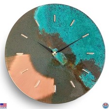 12" Turquoise Patina Copper Silent Wall Clock - Non-Ticking, Battery Operated