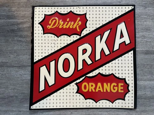 NORKA Orange Drink Sign - 1950s Vintage ORIGINAL Embossed Tin -  AKRON Ohio