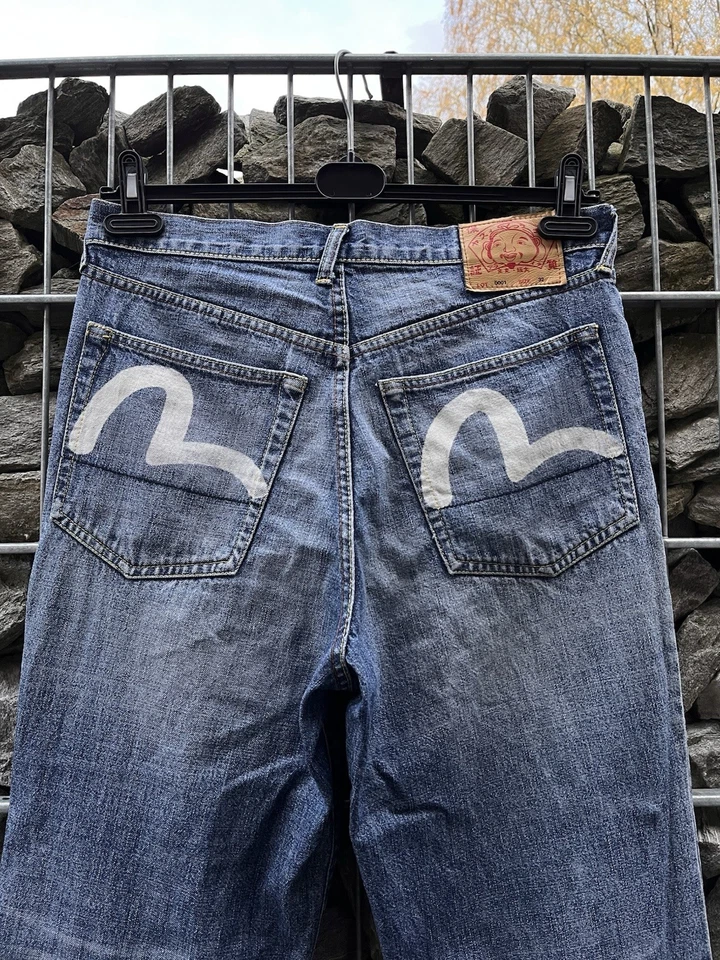 Pantalones de mezclilla vintage Evisu para hombre talla 32 gris azul raros con logotipo Y2K Japón Foto 2 de 4