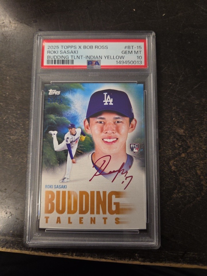 2025 Bob Ross Baseball /25 Roki Sasaki  Budding Talent Indian Yellow PSA 10 Auto view 4
