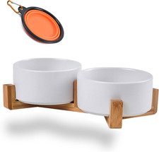 Dog Bowls,White Ceramic Cat Dog Bowl Set with Wood Stand for Food and Water Feed
