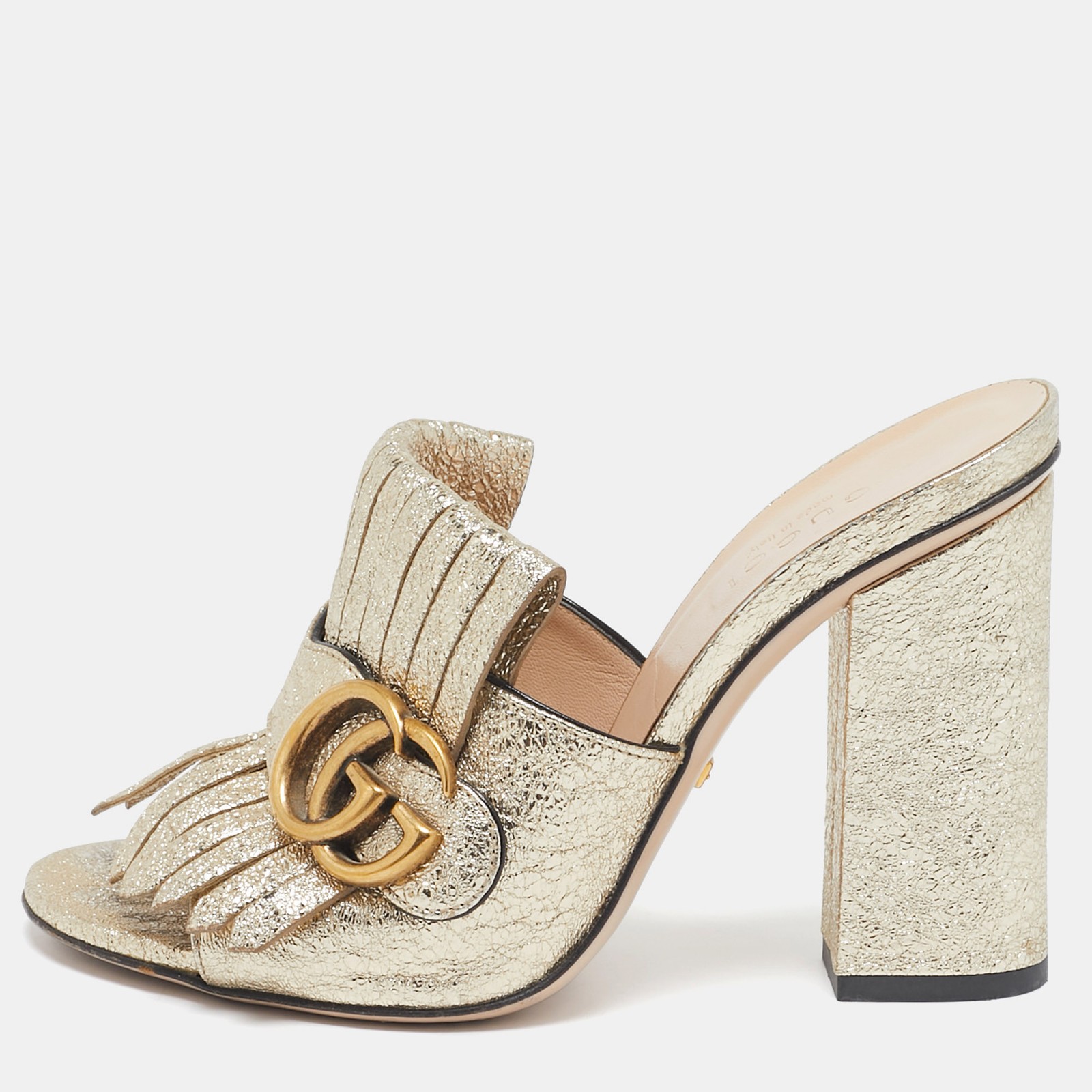 Gucci GG Marmont silver crackle leather fringed slide sandals size 35