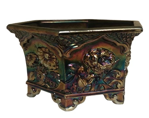 Vintage Fenton Carnival Glass Chrysanthemum Amethyst Hexagon Footed Planter Bowl