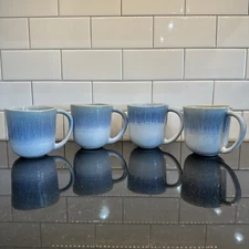 Crate & Barrel Mugs Caspian Blue Drip Stoneware Reactive Glaze 13 Oz Set of 4
