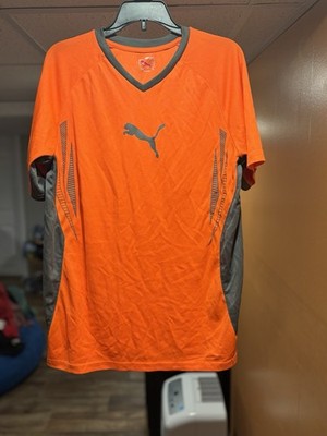 Puma Boys XL Orange Gray Geometric Logo V Neck Short Sleeve T-Shirt