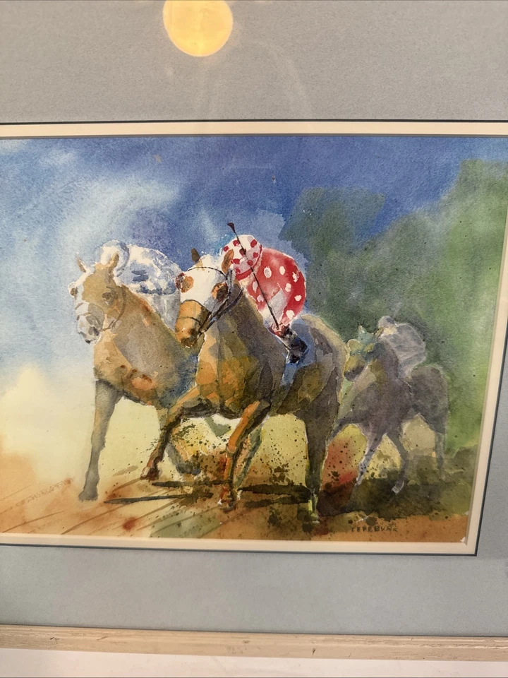 Original Watercolor By Lionel Lefebvre Horse Racing Jockey Framed & Matted - Image 3 of 4