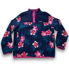 Lands End Womens Fleece Pullover Snap Neck Navy Pink Tropical Floral L 14-16