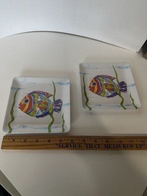 2-Piece Square Plate Set Fish Pattern Multicolor/White Beach & Nautical