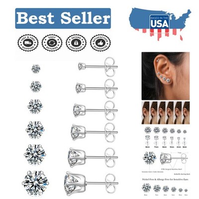 Timeless 6-Pair Cubic Zirconia Earrings Set - Perfect for Gifting & Daily Wear