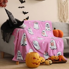 Blanket for Girl Halloween Cute Ghost Reading Book Throw Pink Ghost Reader