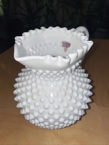 MCM FENTON Large 8.5” Hobnail Milkglass Jug/Pitcher w/Handle Original Sticker