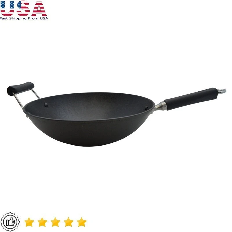 14 Inch Light Cast Iron Wok Nonstick Ergonomic Handles Ideal Stir Frying Cooking