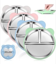 4 Pack Stainless Steel Toddler Plates with Suction - 9" Kids Divided Plates...