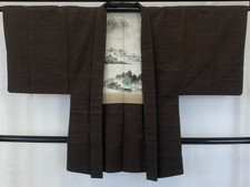 Japanese Vintage Kimono Haori Jacket Silk Brown Tumugi Traditional Authentic36in