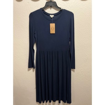 Mason Belle Navy Blue Long Sleeve Gathered Waist Midi Dress Women's Size L  | eBay