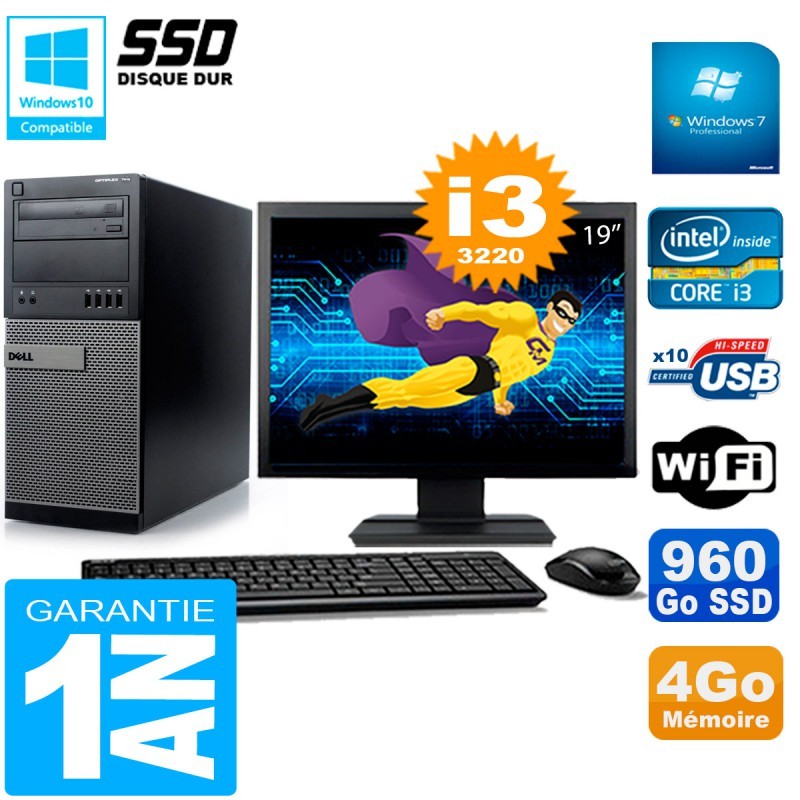 PC Tour DELL 7010 Ecran 19" Core I3-3220 RAM 4Go Disque 960 Go SSD Wifi W7