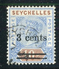 SEYCHELLES; 1901 classic QV Surcharged issue fine used hinged 3 CENTS. value
