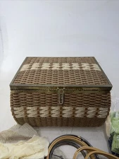 Vintage JC Penneys Woven Sewing Basket Box Satin Quilted with Sewing Notions
