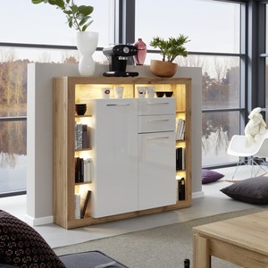 Highboard Rock Sideboard Anrichte Schrank In Weiss Hochglanz Und Wotan Eiche Ebay