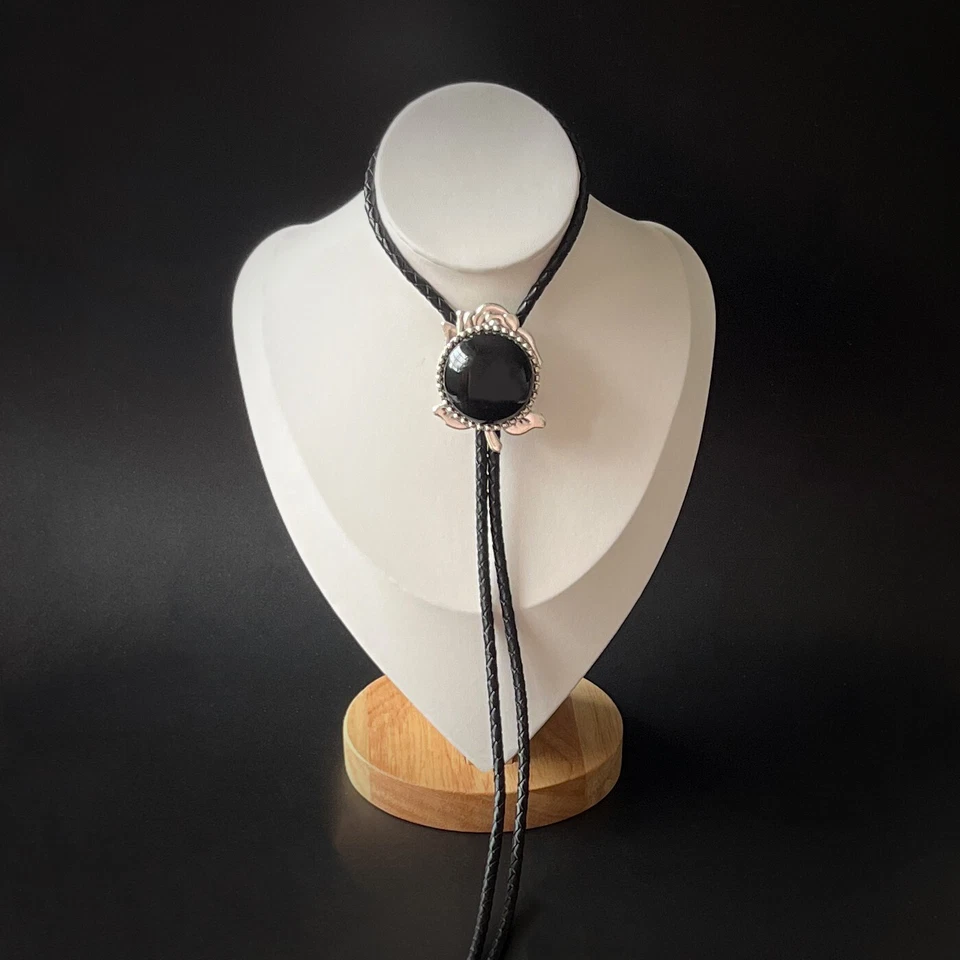 Collar Cuerda Cuero Real Aleación Bolo Patrón Rosa Astilla Ónix Negro Natural Foto 2 de 4